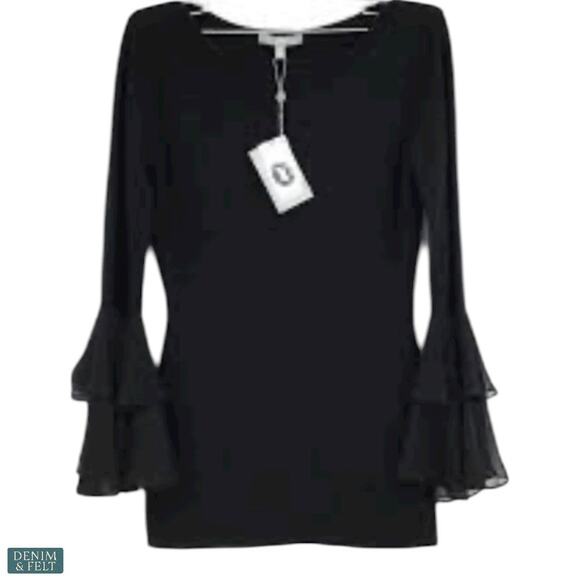 Neiman Marcus Cashmere Collection Bell Sleeve Black Silk Trim Sweater Large - Picture 4 of 11